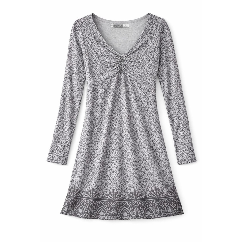 Athleta Long Sleeve Ruched Bust V-Neck Geometric Print Dress Women's S Boho